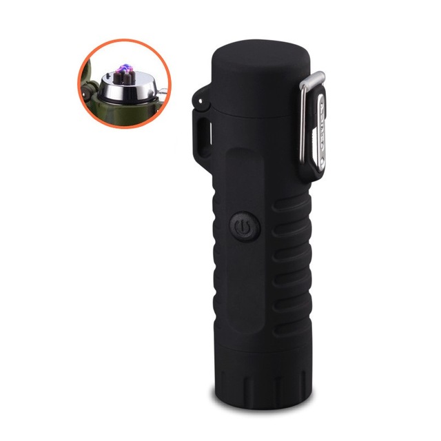 Electronic Waterproof and Windproof Lighter with flashlight - Black